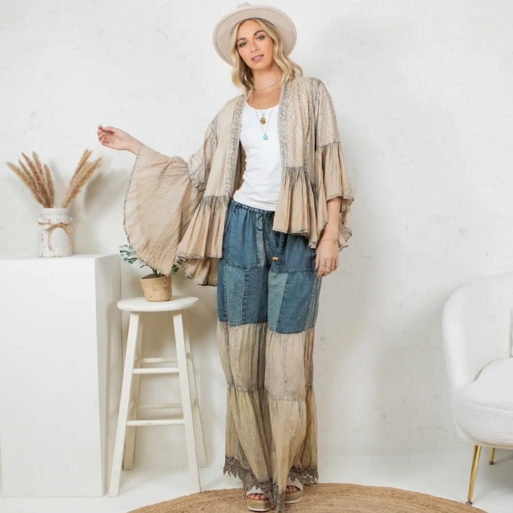#1440 YT Desert Drift Patchwork Palazzo Pants & Boho Bell-Sleeve Kimono Set